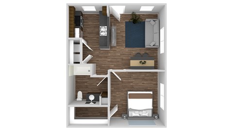A 3D rendered image of a small apartment layout.